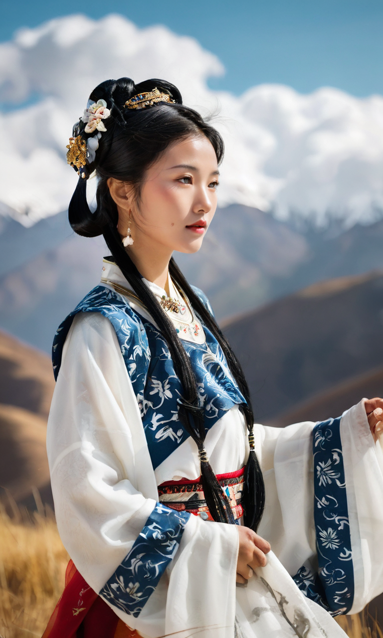 24241488-3482538655-A breathtaking photograph captures a young girl adorned in traditional Zangfu clothes,her attire a stunning contrast against the.png